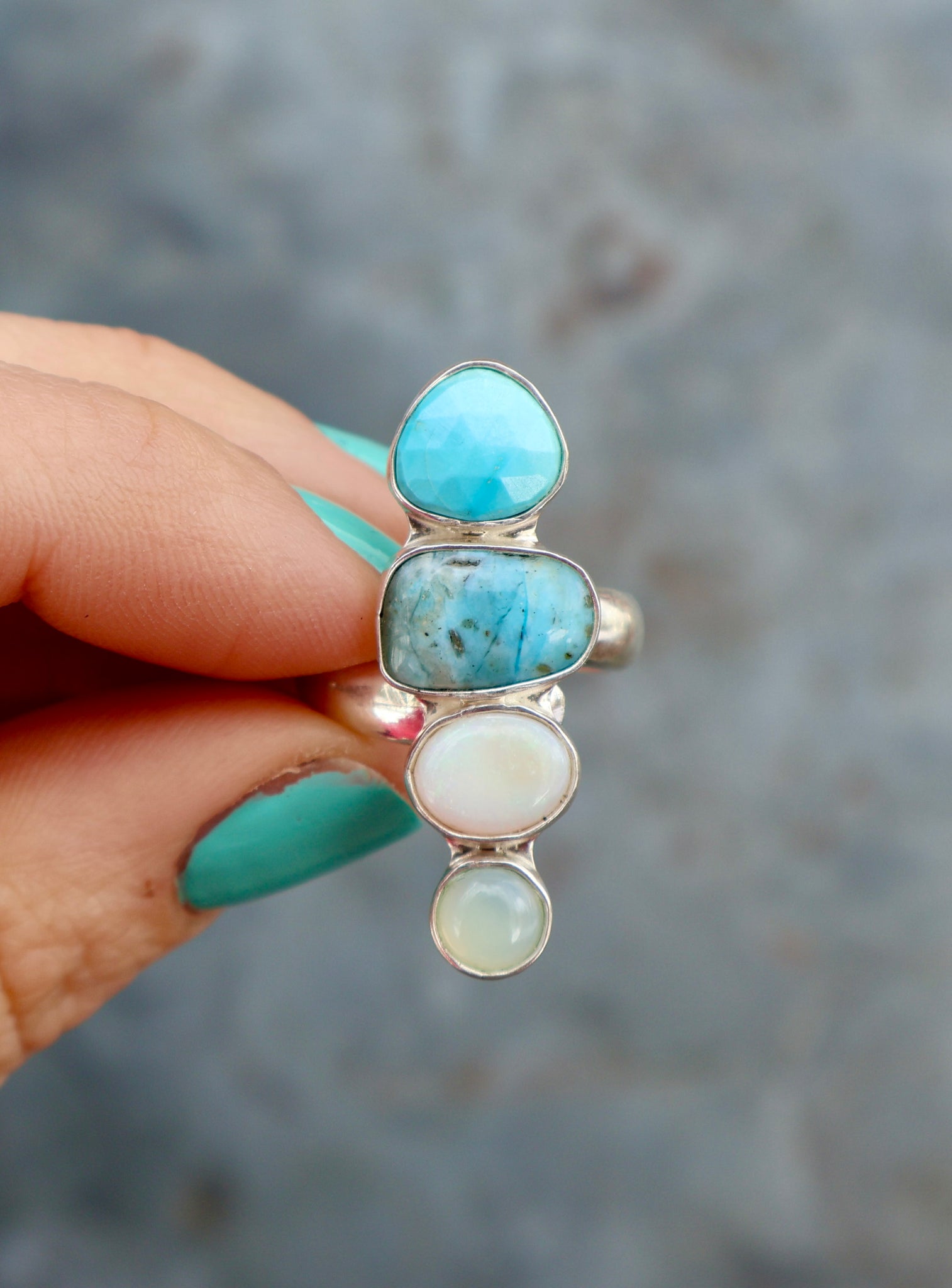 Winter Thaw Ring Sterling Silver, Neon Apatite, Peruvian Opal & Turquoise Adjustable Size WT8