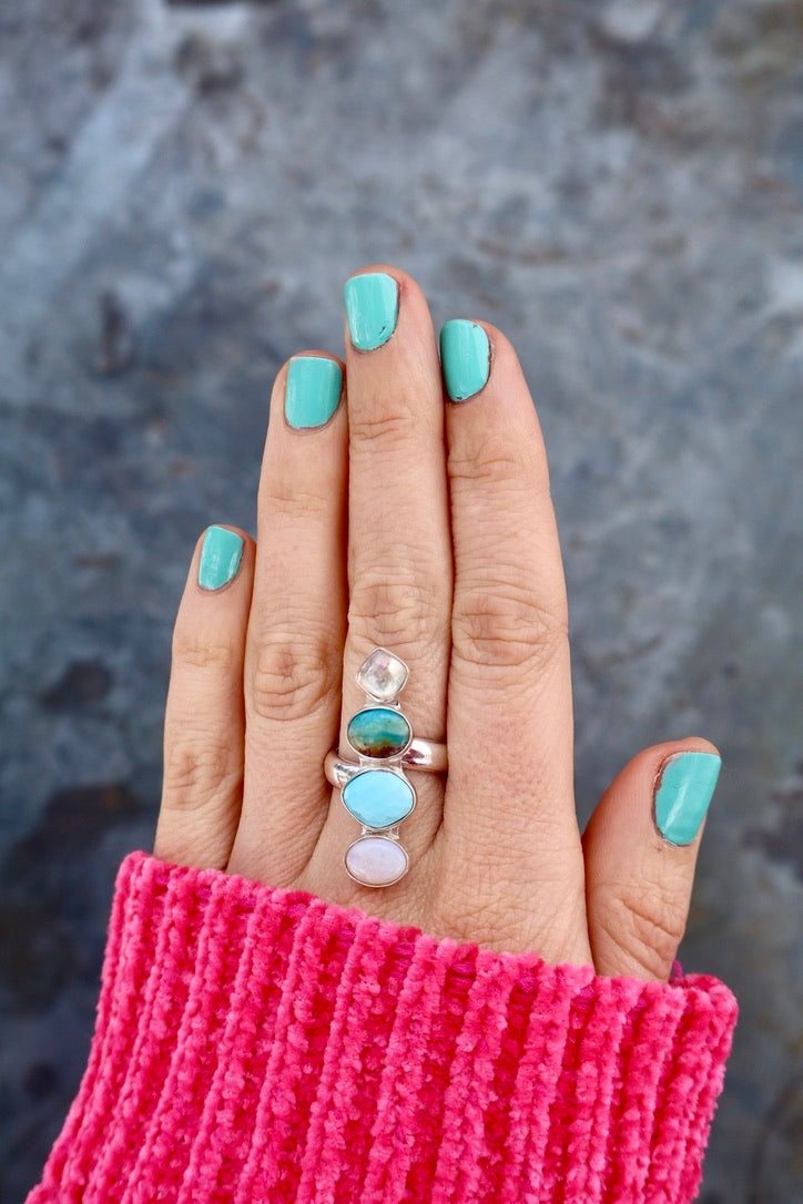 Winter Thaw Ring Sterling Silver, Rainbow Moonstone, Peruvian Opal & Turquoise Adjustable Size WT5