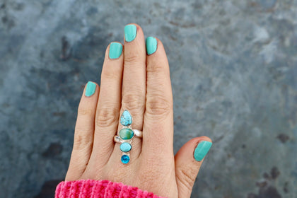 Winter Thaw Ring Sterling Silver, Neon Apatite, Peruvian Opal & Turquoise Adjustable Size