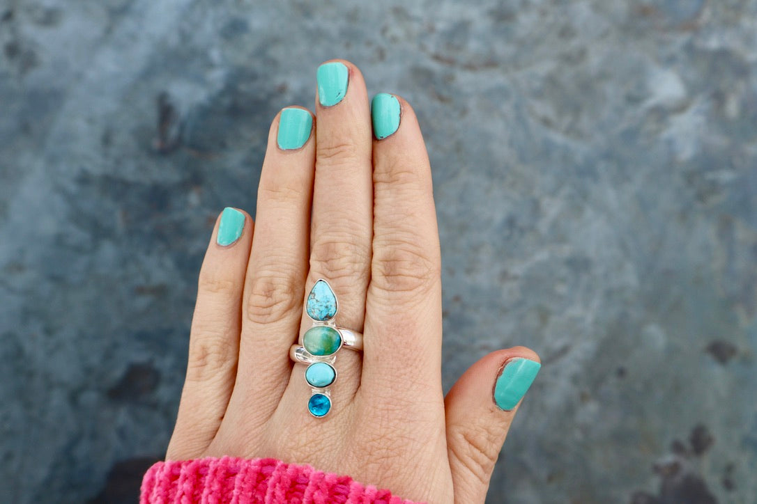Winter Thaw Ring Sterling Silver, Neon Apatite, Peruvian Opal & Turquoise Adjustable Size WT7