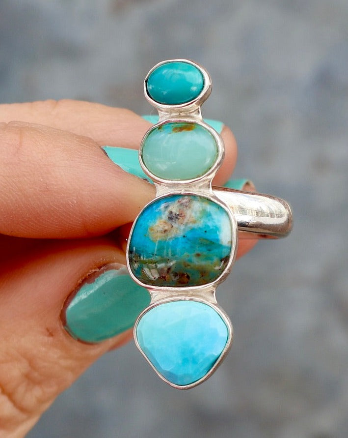 Winter Thaw Ring Sterling Silver, Peruvian Opal & Turquoise Adjustable Size WT4