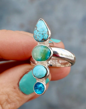Winter Thaw Ring Sterling Silver, Neon Apatite, Peruvian Opal & Turquoise Adjustable Size WT7