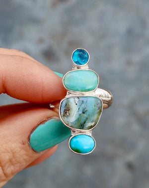 Winter Thaw Ring Sterling Silver, Neon Apatite, Peruvian Opal & Turquoise Adjustable Size WT6