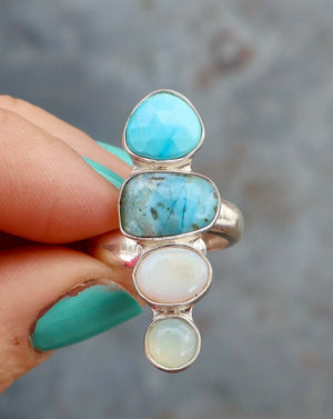 Winter Thaw Ring Sterling Silver, Neon Apatite, Peruvian Opal & Turquoise Adjustable Size WT8