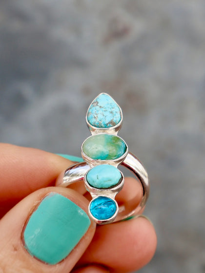 Winter Thaw Ring Sterling Silver, Neon Apatite, Peruvian Opal & Turquoise Adjustable Size