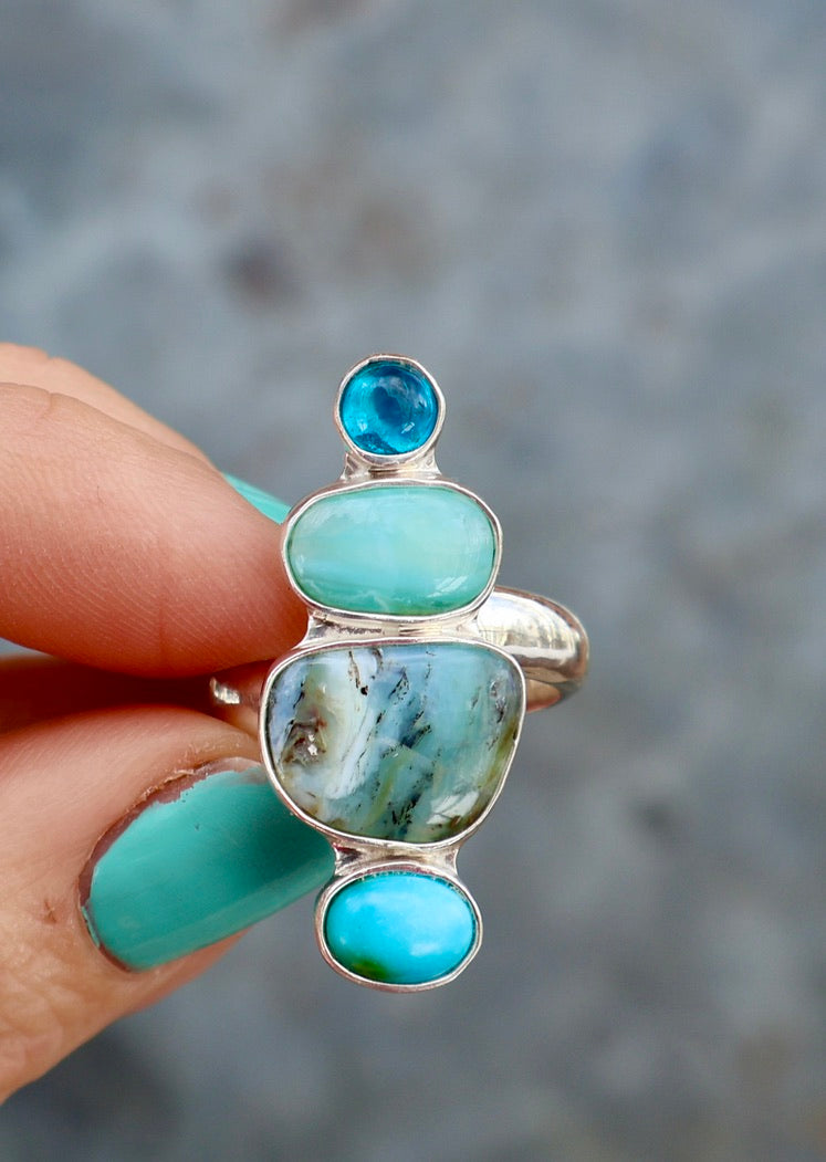 Winter Thaw Ring Sterling Silver, Neon Apatite, Peruvian Opal & Turquoise Adjustable Size WT6