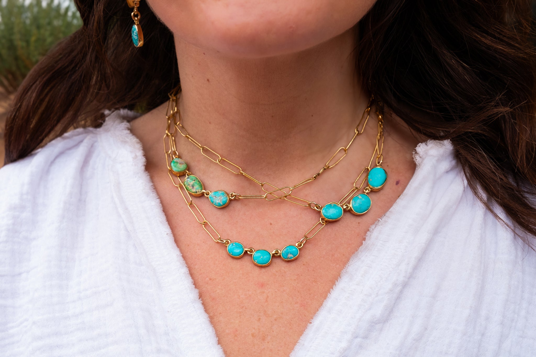Triple Stone Sonoran Gold Turquoise Necklace in Gold Alchemia with paperclip chain D49