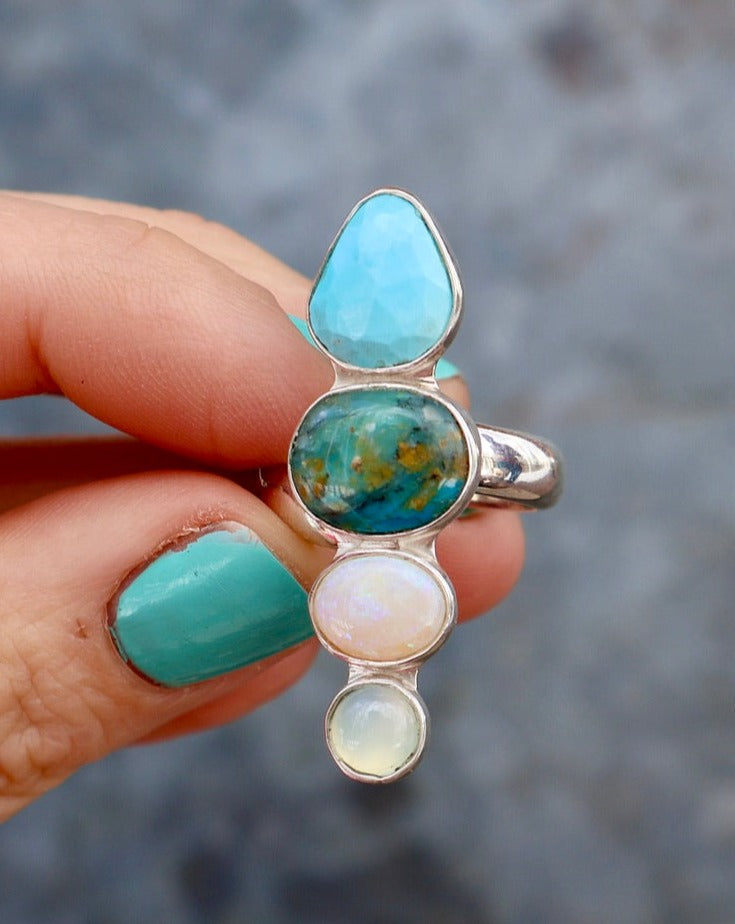 Winter Thaw Ring Sterling Silver, Chalcedony, Opal & Turquoise Adjustable Size WT2