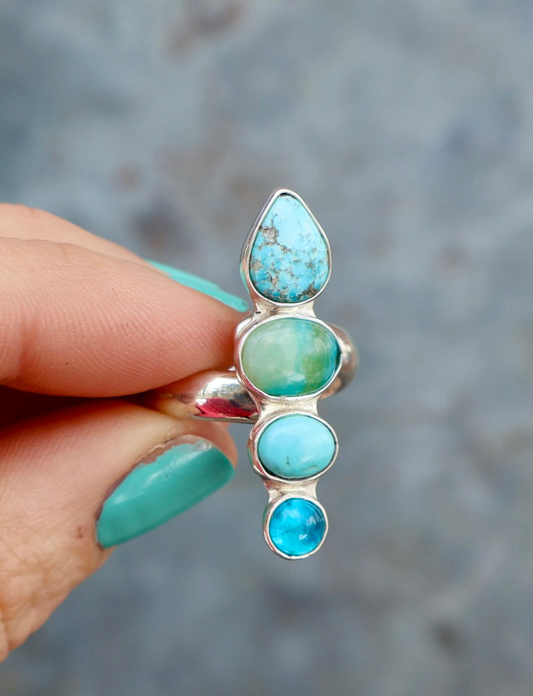 Winter Thaw Ring Sterling Silver, Neon Apatite, Peruvian Opal & Turquoise Adjustable Size WT7