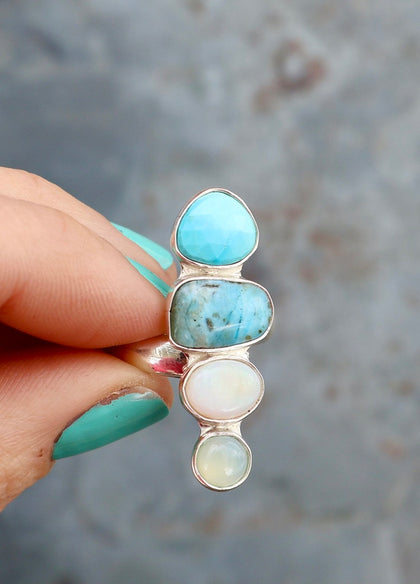 Winter Thaw Ring Sterling Silver, Neon Apatite, Peruvian Opal & Turquoise Adjustable Size