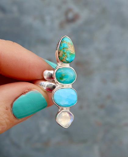 Winter Thaw Ring Sterling Silver, Rainbow Moonstone, Opal & Turquoise Adjustable Size