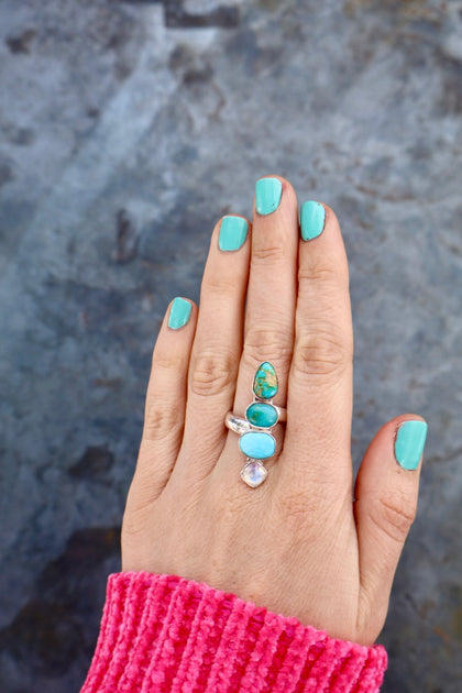 Winter Thaw Ring Sterling Silver, Rainbow Moonstone, Opal & Turquoise Adjustable Size