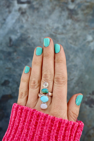 Winter Thaw Ring Sterling Silver, Rainbow Moonstone, Peruvian Opal & Turquoise Adjustable Size WT5