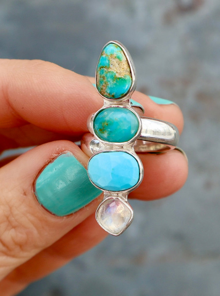 Winter Thaw Ring Sterling Silver, Rainbow Moonstone, Opal & Turquoise Adjustable Size WT1
