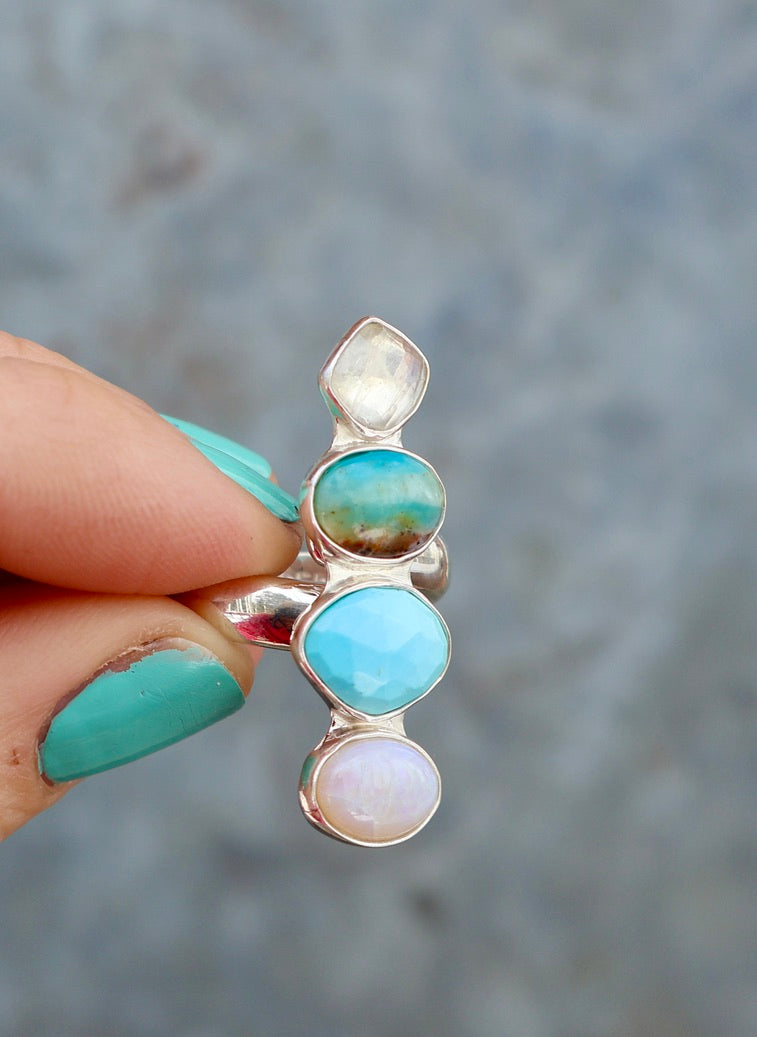 Winter Thaw Ring Sterling Silver, Rainbow Moonstone, Peruvian Opal & Turquoise Adjustable Size WT5