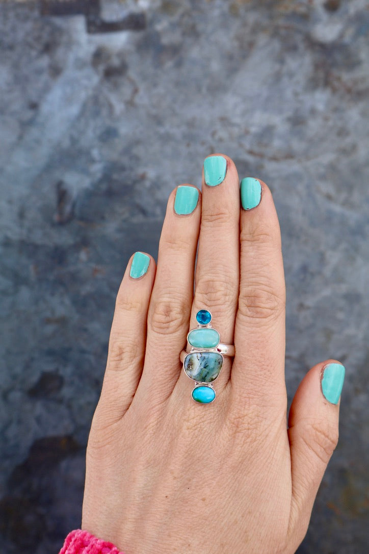 Winter Thaw Ring Sterling Silver, Neon Apatite, Peruvian Opal & Turquoise Adjustable Size WT6