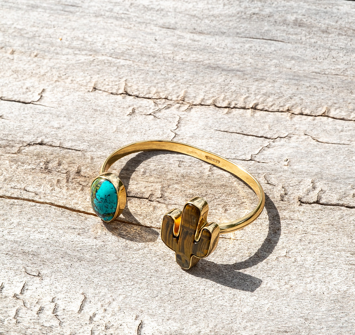 Saguaro Cactus & Turquoise Double Stone Cuff Bracelet D70