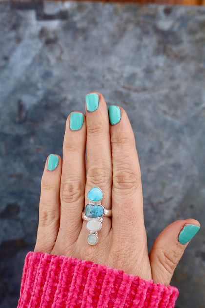 Winter Thaw Ring Sterling Silver, Neon Apatite, Peruvian Opal & Turquoise Adjustable Size