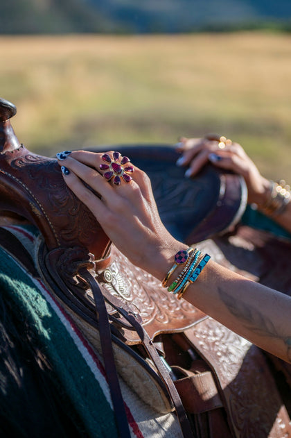 Red Dahlia Turquoise Flower Ring Adjustable Size