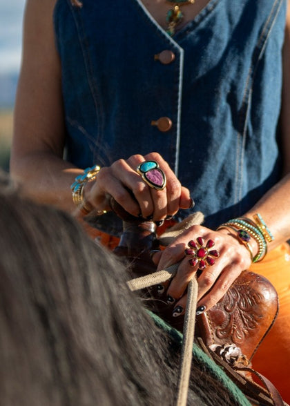 Cobalto Calcite & Turquoise Ring Adjustable Size