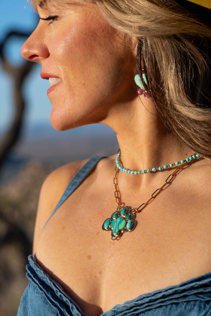Desert Bloom Aurora Opal Cactus & Turquoise Necklace