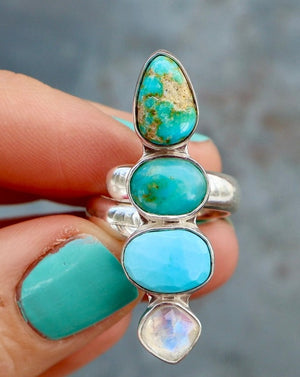 Winter Thaw Ring Sterling Silver, Rainbow Moonstone, Opal & Turquoise Adjustable Size WT1