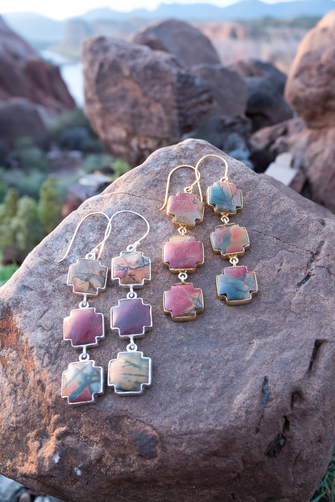 Red Creek Jasper Triple Cross Earring in Gold Alchemia D27