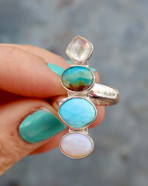 Winter Thaw Ring Sterling Silver, Rainbow Moonstone, Peruvian Opal & Turquoise Adjustable Size WT5
