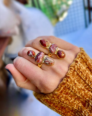 Triple Stone Red Agate & Gold Alchemia Adjustable Ring W22