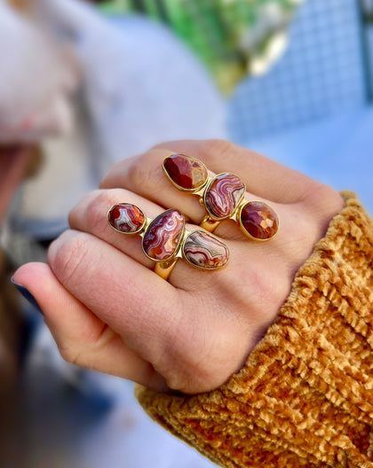 Triple Stone Red Agate & Gold Alchemia Adjustable Ring