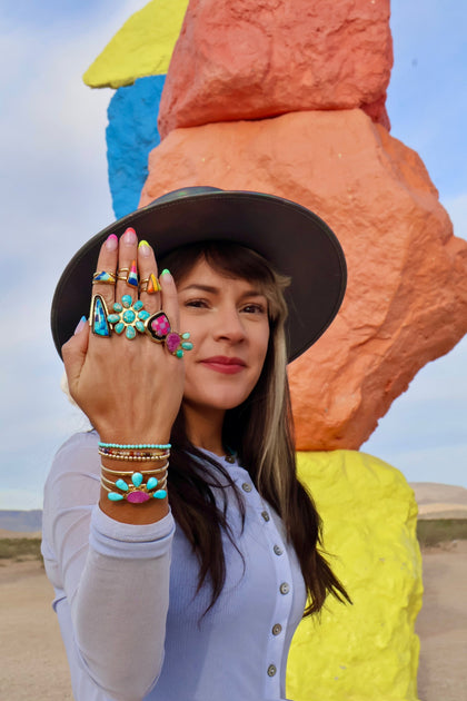 Cobalto Calcite & Turquoise Adjustable Ring in Gold Alchemia