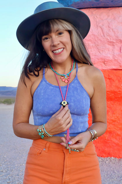 Vintage Pool Ball Thunder Bird 8 Ball Bolo on Pink Leather