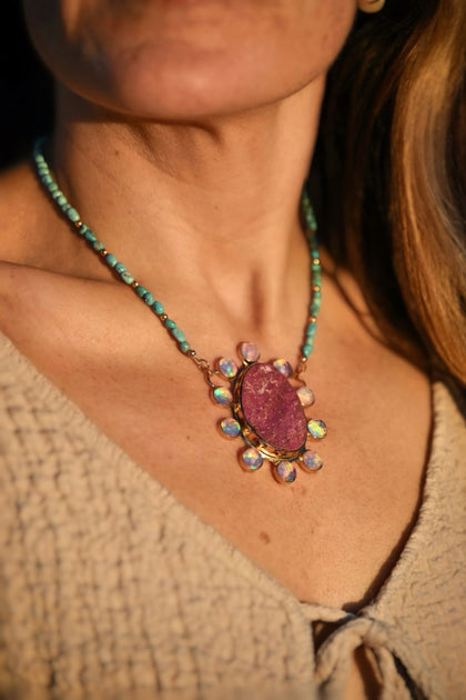 Desert Bloom Necklace Cobalto Calcite & Aurora Opal with Campitos Turquoise