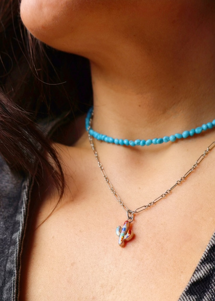 Electric Fire Opal  Dainty Cactus Necklace in Sterling Silver