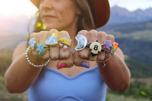 Cloud Plume Agate Moon Ring Gold Alchemia Adjustable DT32