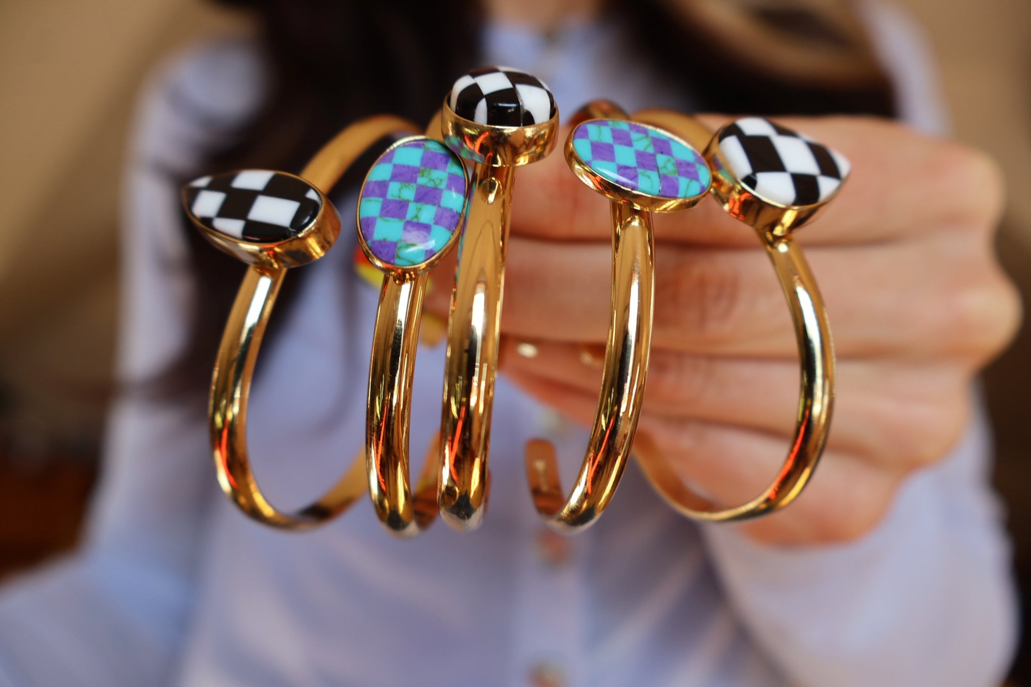 Checkerboard Pool Ball Turquoise/Purple Cuff Bracelet HE5