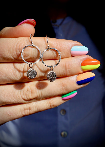 Sterling Silver & Black Druzy Mini Hoop Earring