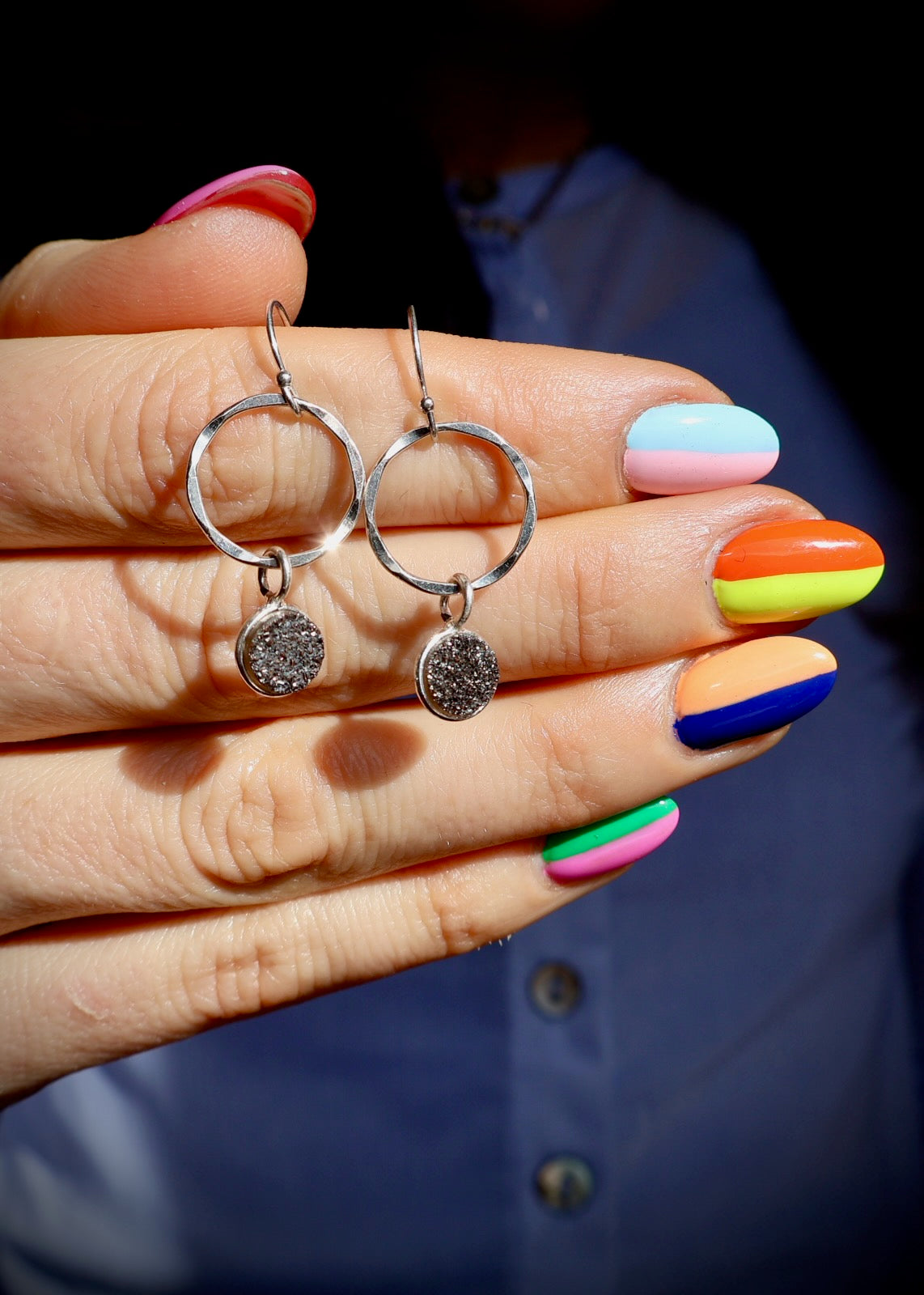 Sterling Silver & Black Druzy Mini Hoop Earring HE36