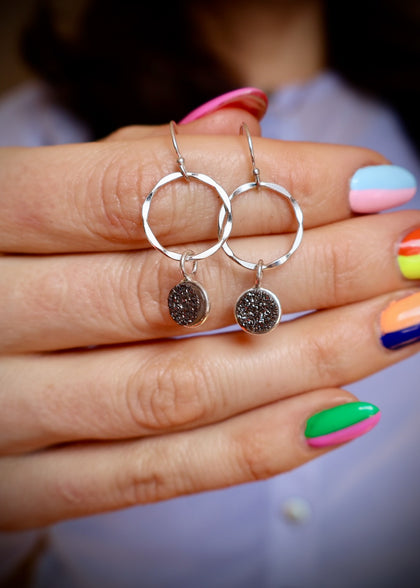 Sterling Silver & Black Druzy Mini Hoop Earring