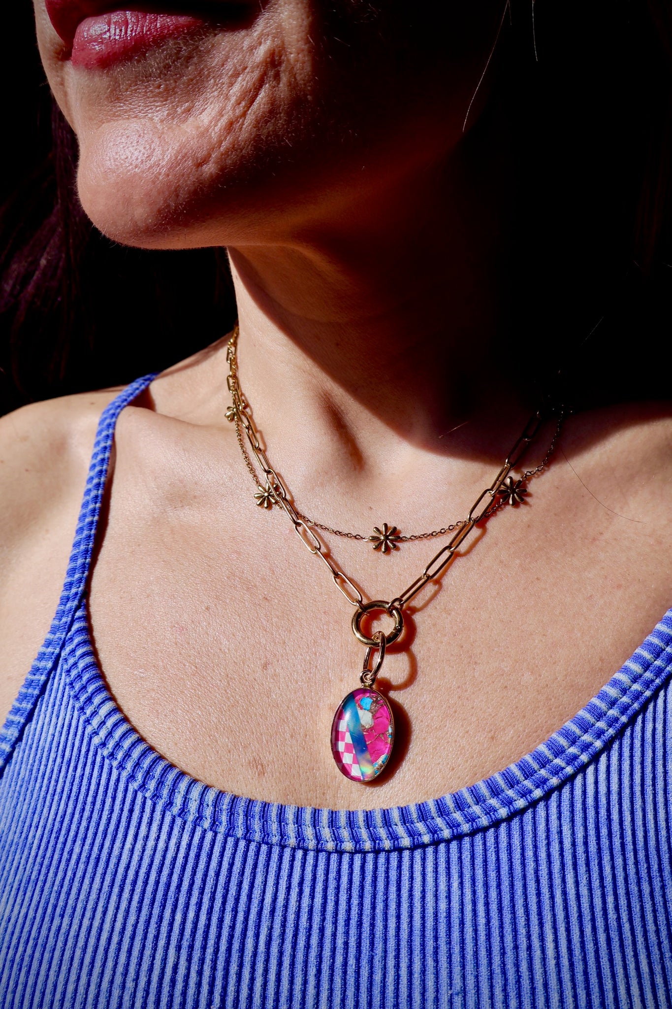 Hot Pink Checkerboard & Opal  Composite Turquoise Pendant HE38