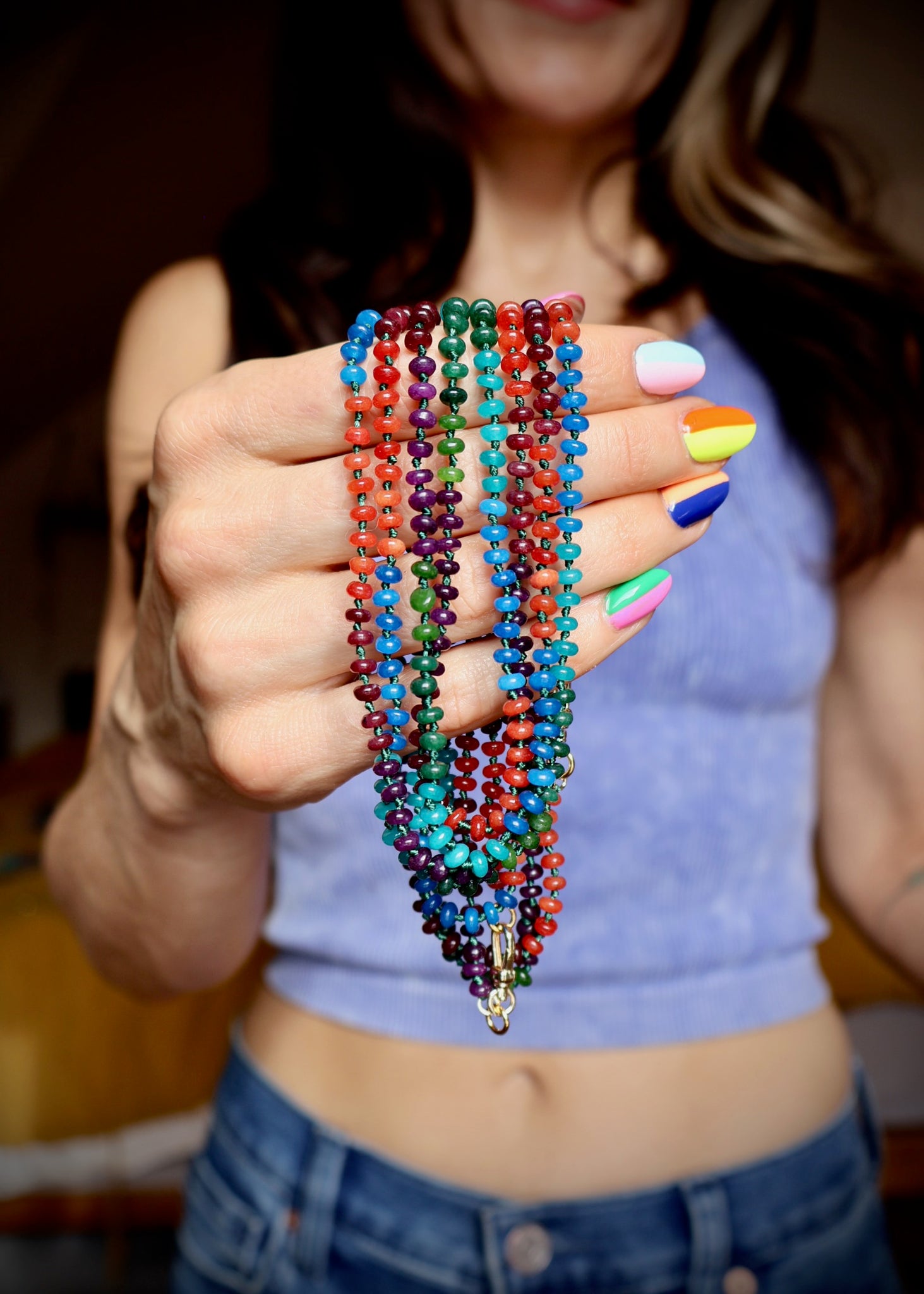 Charm Clasp Tiny Winter Jewel Tones Knotted Necklace