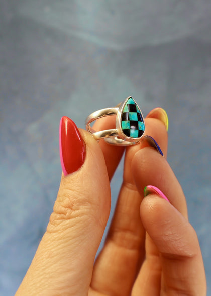 Turquoise Checkerboard Cuff- Ring Adjustable
