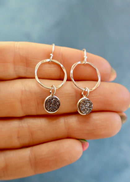 Sterling Silver & Black Druzy Mini Hoop Earring