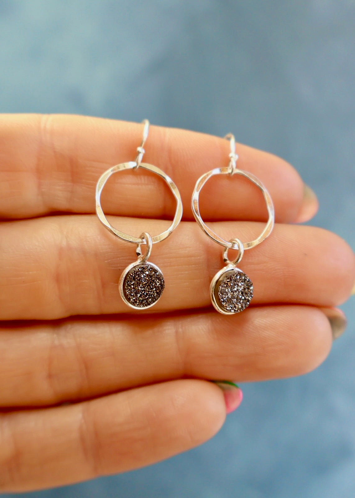 Sterling Silver & Black Druzy Mini Hoop Earring HE36