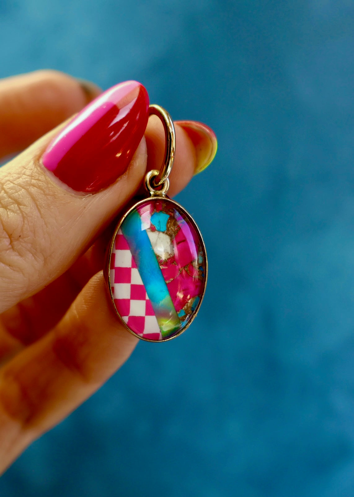 Hot Pink Checkerboard & Opal  Composite Turquoise Pendant HE38