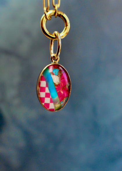 Hot Pink Checkerboard & Opal  Composite Turquoise Pendant