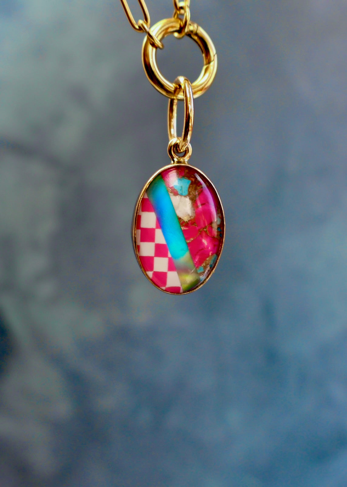 Hot Pink Checkerboard & Opal  Composite Turquoise Pendant HE38