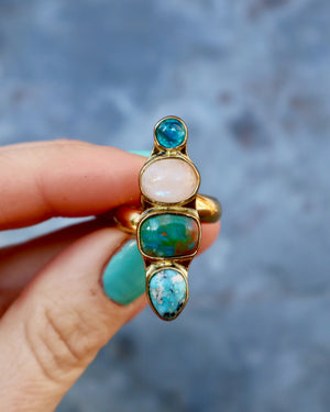 Winter Thaw Ring Neon Apatite, Peruvian Opal & Turquoise in Gold Alchemia, Adjustable Size WT9