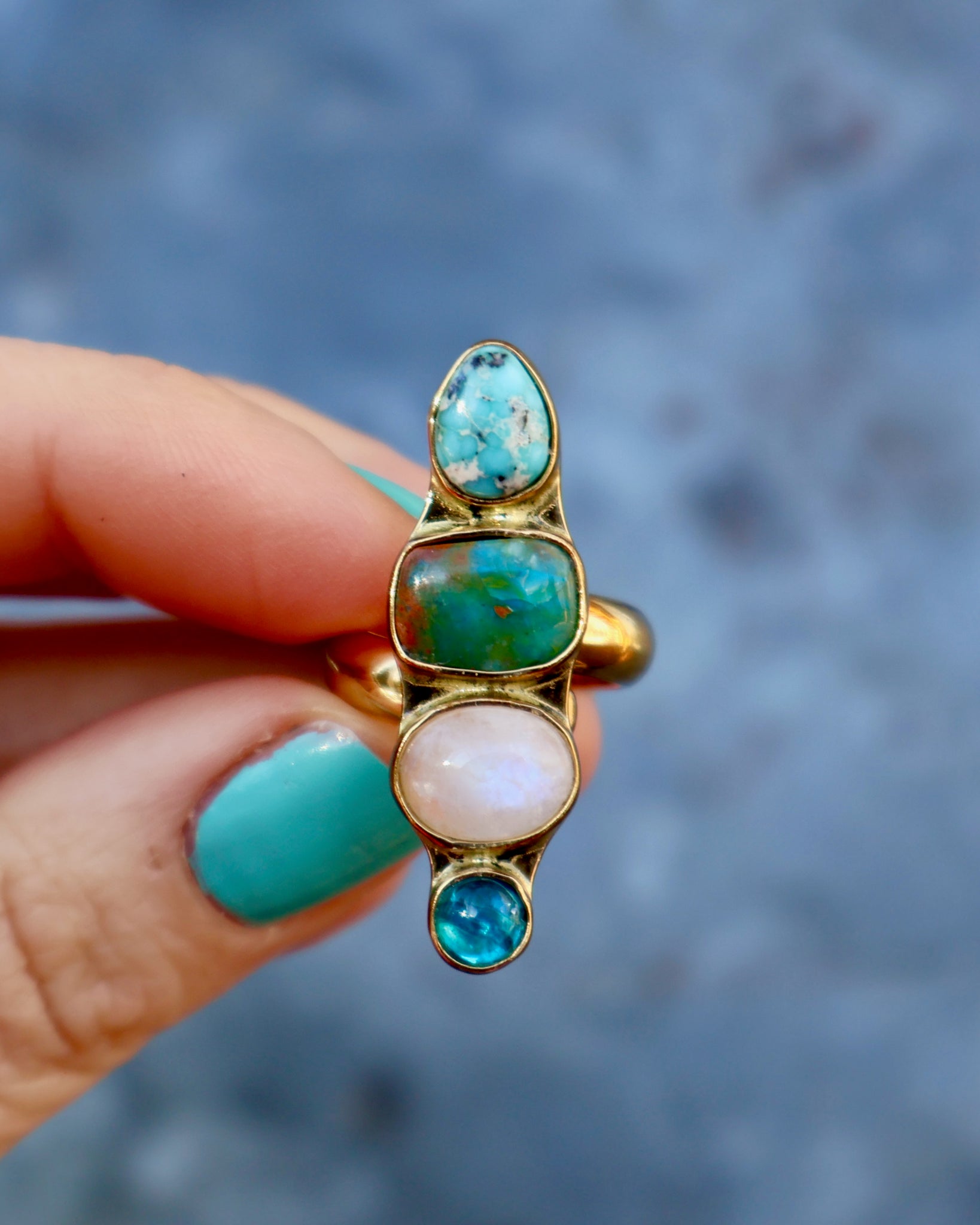 Winter Thaw Ring Neon Apatite, Peruvian Opal & Turquoise in Gold Alchemia, Adjustable Size WT9