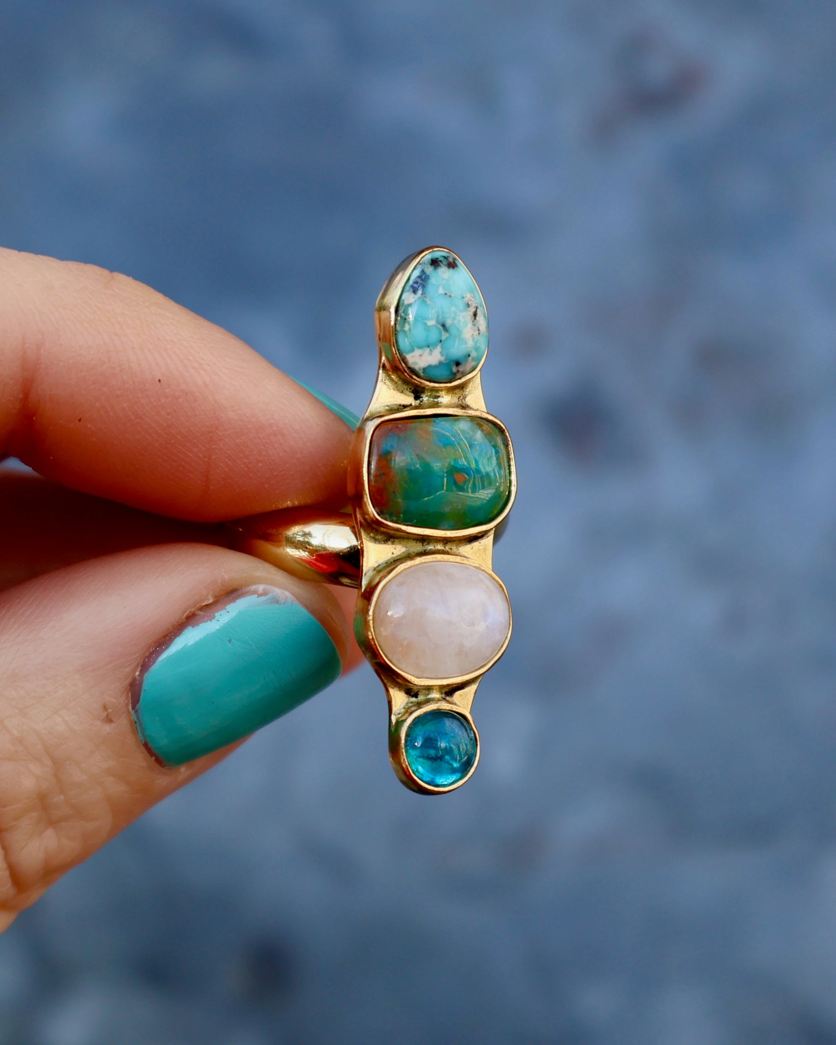 Winter Thaw Ring Neon Apatite, Peruvian Opal & Turquoise in Gold Alchemia, Adjustable Size WT9